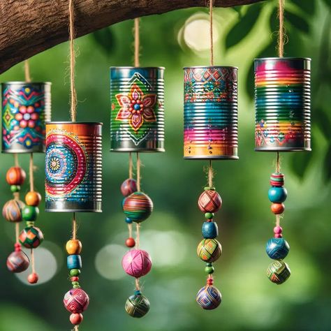 tin can wind chimes painted for an easy Earth Day craft Tin Can Wind Chimes, Can Wind Chimes, Carillons Diy, Wind Chimes Homemade, Wind Chimes Craft, Tin Can Art, Aluminum Can Crafts, نباتات منزلية, Earth Day Crafts