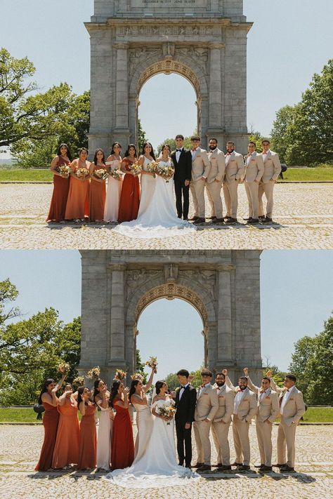 Bridesmaid and Groomsmen Pictures | Bridal Party Wedding Photos | PA Wedding Photographer | Rust, burnt orange, beige, and neutral wedding party inspiration. See more egyptian wedding bridesmaid, bridesmaid and groomsmen colors, mismatched bridesmaid colors, and elegant bridesmaid flowers. Book Katarina for your romantic wedding day in Pennsylvania at katarinacelinephotography.com Rust Colored Bridesmaid Dresses With Groomsmen, Burnt Orange Bridesmaid And Groomsmen, Burnt Orange And Neutral Wedding, Bridal Party Fall Colors, Groomsmen Bridesmaids Color Schemes, Copper Bridal Party, Bridesmaid And Groomsmen Colors Colour Palettes, Burnt Orange And Tan Wedding, Burnt Orange Weddings Groomsmen