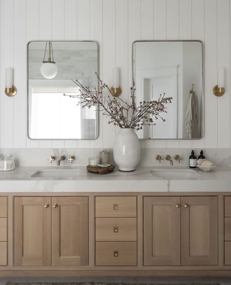 Modern Farmhouse Ensuite, Bathroom 2024, Modern Farm House, Warm Minimalism, Bathroom Build, White Bathroom Vanity, Bathroom Details, Ranch Homes, Master Ensuite