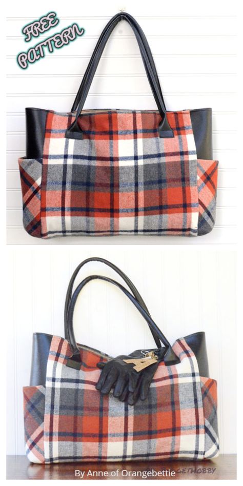 DIY Large Plaid Flannel Fall Tote Bag with Side Pocket Free Sewing Pattern Large Tote Bag Pattern, Sewing Pattern Bag, Sewing Tutorials Bags, Pretty Tote Bags, Fall Tote Bag, Sacs Tote Bags, Tote Bag Pattern Free, Fall Tote, Bag Sewing Pattern