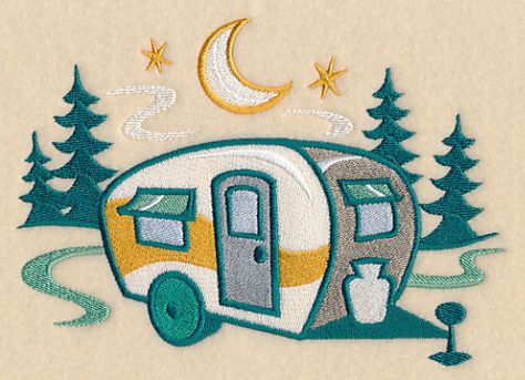 Retro Camping Camper Scene design (M13787) from www.Emblibrary.com Vintage Camper Art, Camper Art, Daisy Stitch, Retro Embroidery, Retro Camping, Lazy Daisy Stitch, Camping Camper, Hungarian Embroidery, Camper Decor