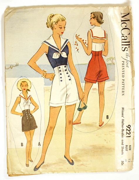 McCall's 9221 1950's Sailor Playsuit by Various Oddities, via Flickr Double Denim, Vestidos Dior, Playsuit Pattern, Patron Vintage, Mode Retro, Vintage Dress Patterns, Look Retro, Barbie Vintage, Sailor Collar