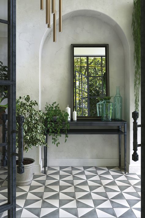 Connect indoor and outdoor spaces with encaustic cement tiles | Livingetc Cement Floor Tiles, Tiles Designs, Porch Tile, Entrance Foyer, Encaustic Cement Tile, Mirror On The Wall, Cement Floor, Encaustic Tile, Interior Wall Design