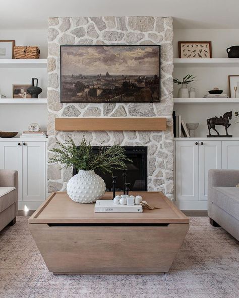 install stone fireplace tips Lightly White Washed Brick Fireplace, Cover Up Stone Fireplace, Family Room With Stone Fireplace, Brick To Stone Fireplace Makeover, Rock Fireplace Remodel, Gray Stone Fireplace Living Room, Fireplace Remodel Ideas Stone, Remodel Stone Fireplace, Redo Fireplace Stone