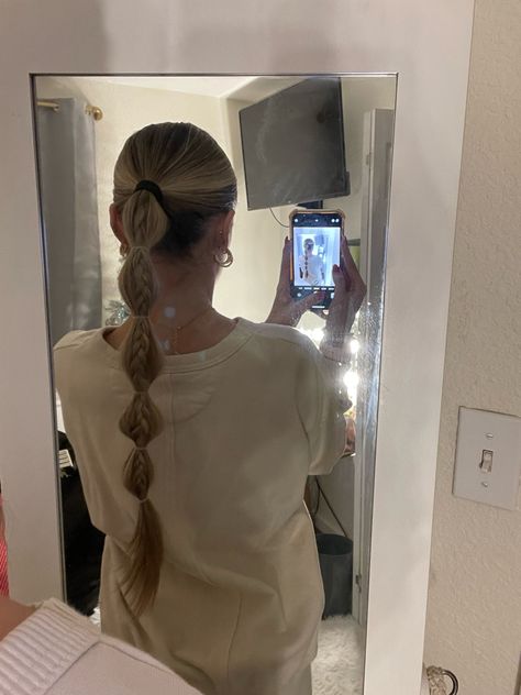 slick back bubble braid hairstyle Bubble Braids For Softball, Volleyball Bubble Hairstyles, Slick Ponytail Bubble Braid, Bubble Braid For Softball, Slick Back Into Braid, Bubble Braid With Braid In It, Slick Bubble Braid, Low Bubble Braid Ponytail, Bubble Braid One Ponytail