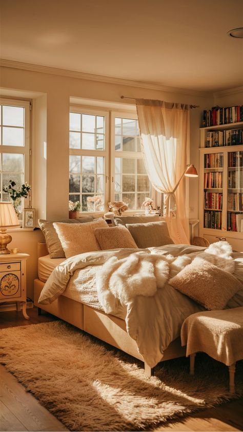 Cozy bedroom with a sunlit bed, fluffy blankets, a nightstand, and a bookshelf. Hygge Interior Design Bedroom, Cozy Cream Bedroom, Neutral Warm Bedroom Aesthetic, Bed Cozy Aesthetic, Warm Cozy Room Aesthetic, Bedroom Ideas Minimalist Cozy, Neutral Color Palette Bedroom, Cozy Clean Bedroom, Cozy Bedroom White