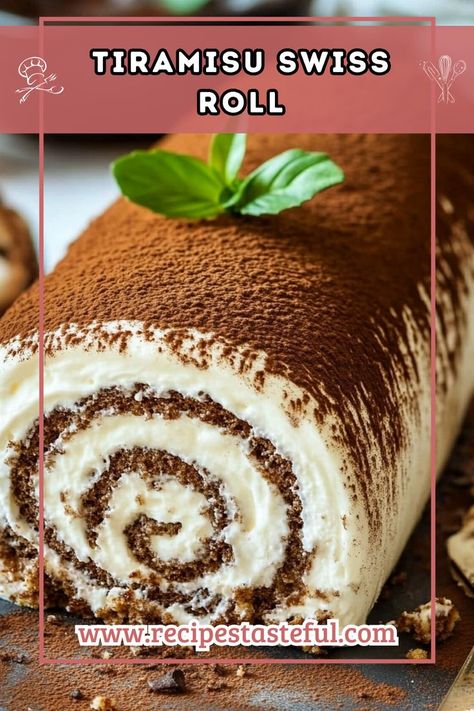 A delightful twist on the classic tiramisu, this Tiramisu Swiss Roll features a light cocoa cake filled with creamy mascarpone and coffee liqueur, topped with cocoa powder and shaved chocolate for an elegant dessert that’s perfect for any occasion. Tiramisu Swiss Roll Recipe, Chocolate Swiss Cake, Tiramisu Swiss Roll, Chocolate Tiramisu Recipe, Swiss Desserts, Swiss Roll Recipe, Yule Log Recipe, Swiss Roll Cakes, Swiss Cake