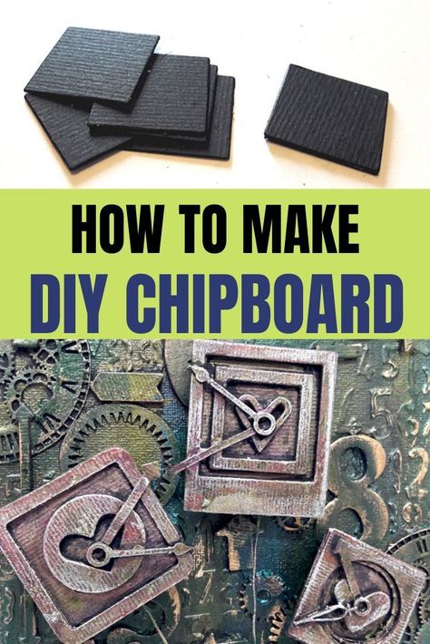 How to make DIY chipboard for any craft project, scrapbook page or mixed media canvas - an easy to follow tutorial! #einatkessler #mixedmedia #craft #DIY #diecut Chip Board Crafts, Chipboard Books Ideas, Mixed Media Boxes Tutorials, Steampunk Cardboard Diy, Vintage Journal Supplies Diy, Altered Boxes Mixed Media, Chipboard Projects, Altered Composition Books For Chikdren, Steampunk Diy Crafts