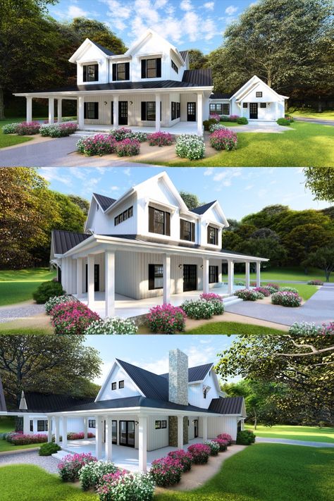 Wrap Around Porch 1 Story, Landscaping Wrap Around Porch, Wrap Around Porch With Carport, Big White House Farmhouse Wrap Around Porch, Farm House Plans With Wrap Around Porch Open Floor Modern Farmhouse, Add Wrap Around Porch To House, Modern Farmhouse With Wrap Around Porch, Rap Around Porch, Porch Roof Styles