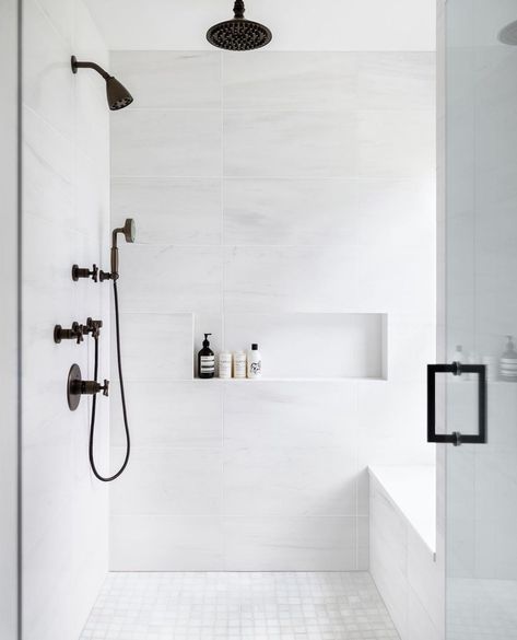 Bathroom Shower Niche Secrete Tips & Tricks Master Bath Tile Shower Ideas Modern, Contemporary Master Bath Ideas, Shower Large White Tile, Tile For Master Bath Floor, White Shower With Black Fixtures, Contemporary Subway Tile Bathroom, Matte White Shower Tile, Standard Shower Remodel, Large Scale Shower Tile