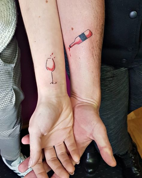 CafeMom.com : Matching Wine Tattoos : 20 Wine Tattoos We Happily Raise a Glass To -- When wine lovers find someone who will happily fill their glass, they should hold onto that person for life. That's essentially what this duo did by getting permanent matching tattoos. May we all find someone who fills our cup and doesn't drain it. Wine Tattoos, Couple Tattoo Quotes, Wine Glass Tattoo, Wine Tattoo, Small Matching Tattoos, Couple Tattoos Unique, Bottle Tattoo, Coffee Tattoos, Couples Tattoo Designs