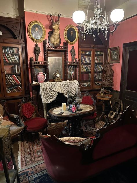 Living Room Victorian Modern, 1800s Living Room, Victorian Homes Aesthetic Dark, Victorian Goth Room Aesthetic, Gothic Victorian House Interior, Creepy Victorian House Interior, Haunted Victorian House Aesthetic, Old Victorian Homes Interior, Goth Victorian House Wallpaper