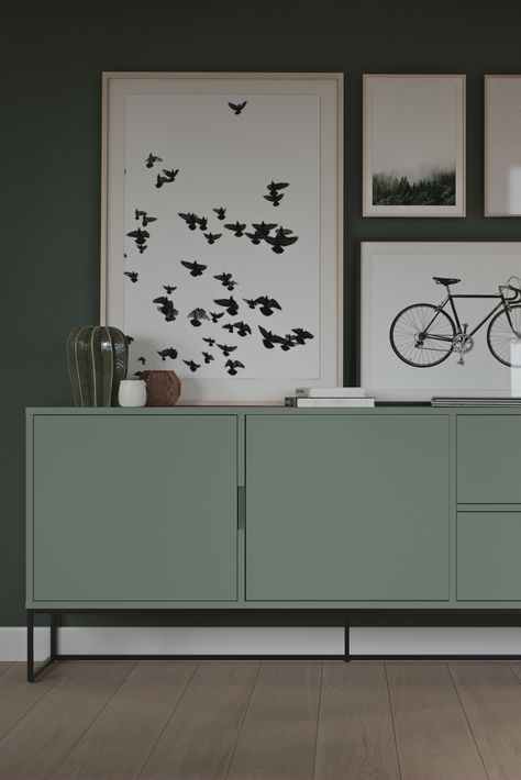 Lipp sideboard in colour Misty green Sage Green Sideboard, Sideboard Alternative, Sage Sideboard, Dining Room Sideboard Ideas Modern, Coloured Sideboard, Sideboard Designs Modern, Sideboards Living Room Inspiration, Tv Stand Green, How To Style A Sideboard