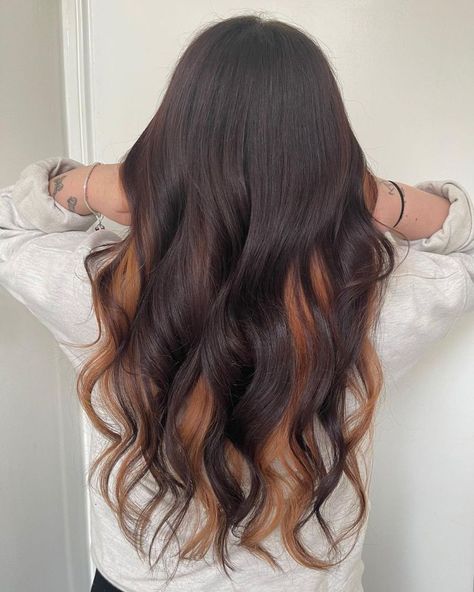 Brown and Toffee Peekaboo Hair Underdye Blonde, Peak A Boo Hair, Shape Haircut, Blonde Peekaboo Highlights, Blonde Underneath, Natural Dark Hair, Hidden Hair Color, Peekaboo Hair Colors, Haircut For Women