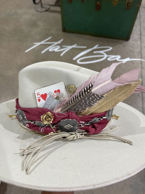 Custom Made Cowgirl Hats, Custom Charlie 1 Horse Hats, How To Embellish A Cowboy Hat, Western Hat Accessories, Burned Designs On Hats, Diy Hat Embellishment, How To Decorate A Felt Hat, Decorated Western Hat, Diy Fedora Hat Design