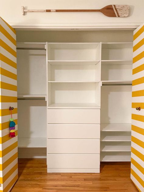 Maximize space in a reach-in closet by adding a closet dresser and easy DIY closet shelves! This tutorial can save you thousands of dollars by doing it yourself, rather than hiring an expensive installation company or purchasing a closet system. Diy Dresser In Closet, Build In Dresser In Closet, Ikea Dresser Hack Closet, Diy Walk In Closet With Dresser, Closet Shelves And Drawers, Closet Designs With Drawers, Ikea Hack Closet Organization, Ikea Dresser Closet, Dresser Closet Ideas