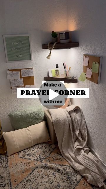 Answered Prayers Wall, Rooms With Bed In Corner, Quiet Time Corner, Bible Study Space Ideas, Prayer Room Decoration Ideas, Diy Prayer Closet, Prayer Altar At Home, Ranchette Ideas, Prayer Stations For Women