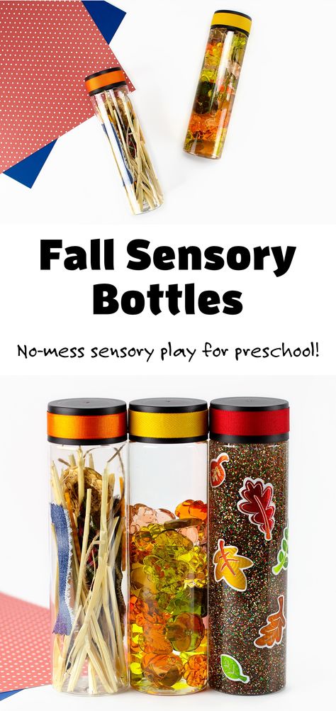 Fall Sensory Table Preschool, Fall Sensory Bottles For Toddlers, Fall Sensory Bottles Preschool, Apple Sensory Bottle, November Sensory Table, Autumn Sensory Bottles, Fall Sensory Bin Ideas, Fall Sensory Bottles, Fall Sensory Table