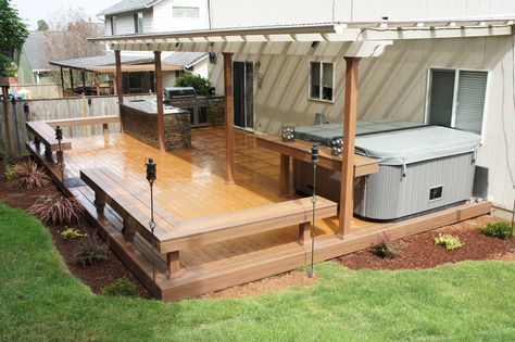 TimberTech Earthwood deck with built in benches, table by the hot tub, built in BBQ and patio cover. Patio With Hot Tub, Built In Benches, Patio Plan, Tub Deck, Hot Tub Patio, Deck Seating, Hot Tub Deck, Hot Tub Backyard, Patio Deck Designs