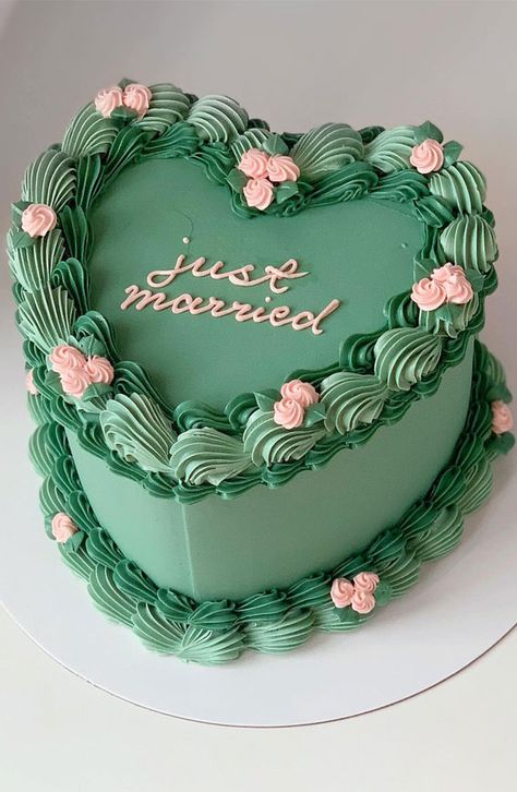 Just married cake, Just married wedding cake, Just married heart cake, Just married cake ideas, just married cake vintage, buttercream wedding cake, minimalist wedding cake, simple wedding cake, vintage wedding cake, wedding cake designs Just Married Cake, Married Cake, Heart Cake Decoration, Heart Cake Design, Soccer Birthday Cakes, Vintage Heart Cake, Cake Decoration Ideas, Heart Wedding Cakes, Green Wedding Cake