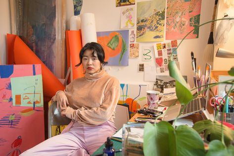 Joey Yu Studio Tour – Lazy Oaf Artist Desk, Artist Workspace, Appartment Decor, Art Studio Design, Dream Studio, Creative Workspace, Work Room, Lazy Oaf, Studio Photoshoot