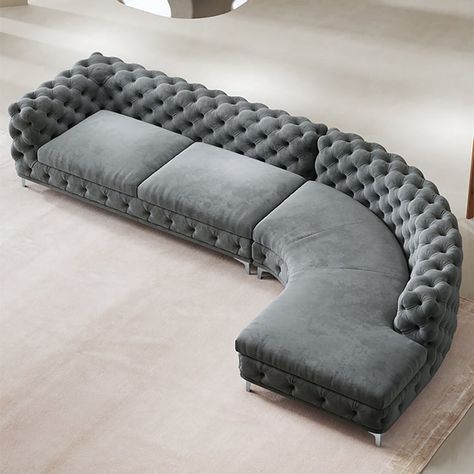 Curved Khaki Sectional Chesterfield Sofa 5-Seater Upholstered Velvet Stainless Steel Leg Canape Design, Sofa Bed Sectionals, Chesterfield Living Room, White Sectional Sofa, L Sofa, Velvet Chesterfield Sofa, Grey Sectional Sofa, Curved Sectional, Unique Sofas