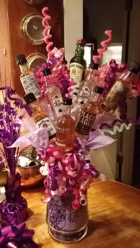 Liquor Bouquet Birthday, Shots Bouquet Alcohol, Bouquet Of Shots, Alcohol Bottle Decorations 21st Birthday, Mini Liquor Bottle Bouquet Diy, Alcohol Flower Bouquet Mini Bottles, Alcohol Bouquet Diy, 21st Birthday Bouquet Alcohol, Liquor Birthday Gift Ideas