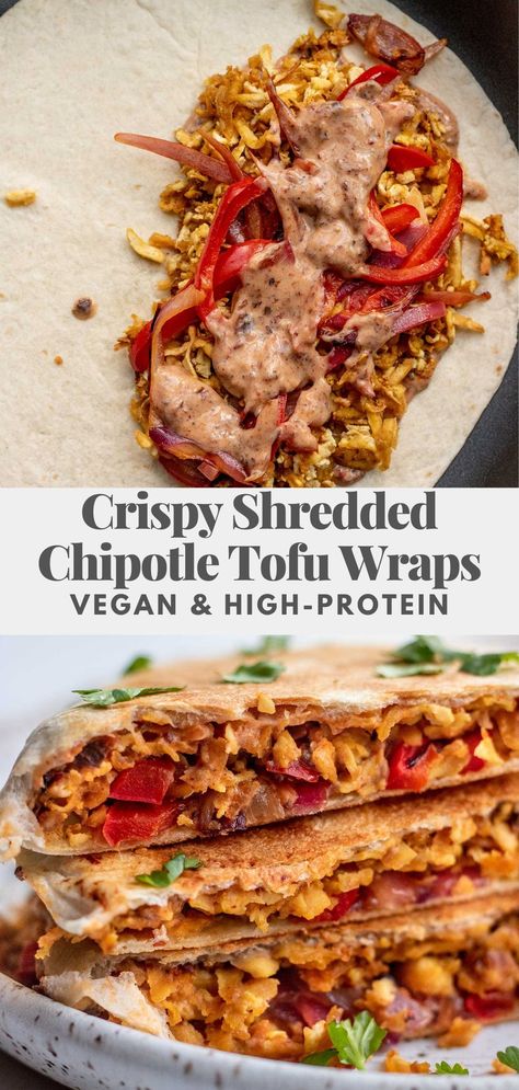 These Crispy Shredded Chipotle Tofu Wraps have a crispy chewy tofu filling coated in delicious smoky flavors. Easy to make and a great high-protein plant based option. High Protein Vegetarian Wraps, Best Vegan Wraps, Tofu Veggie Wrap, Vegan High Protein Wrap, Tofu Work Lunch, Shredded Tofu Wrap, Vegan Tofu Wrap, Vegan Vegetarian Recipes, Tofu Wraps Vegetarian