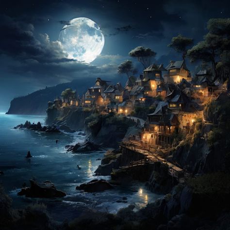 a stunning village by the sea at full moon Village By The Sea, Nft Marketplace, By The Sea, Full Moon, The Sea, Digital Art, Moon, Quick Saves, Art