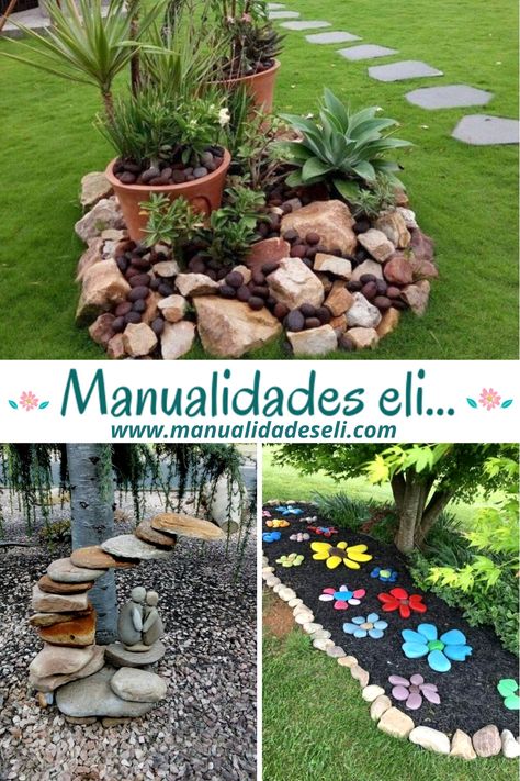 Inspírate con estas 13 hermosas ideas para decorar tu jardín o patio trasero utilizando solo piedras. ¡Muy económico y hermoso a la vez! Shrubs For Landscaping, Ideas Jardin, Sloped Backyard, Diy Swimming Pool, Gravel Garden, Backyard Pool Designs, Front Porch Decorating, Fall Crafts Diy, Hot Tub Outdoor