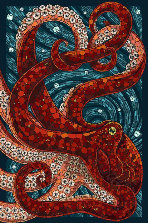 I want this mosaic in my bathroom!! Animal Illustrations, Octopus Mosaic, L'art Du Vitrail, Paper Mosaic, Mosaic Stained, Octopus Art, Mosaic Ideas, Retro Travel Poster, Wow Art