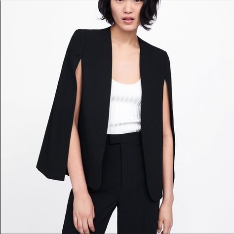 ZARA Cape Blazer Size XS black NWOT Blazer Red Carpet, Zara Cape, Black And White Office, Elegant Jacket, Work Blazer, Summer Office, Black Cape, Stitch Work, Cape Style