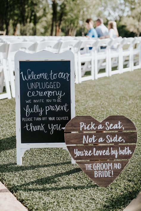 | wedding ceremony sign ideas | unplugged ceremony chalkboard sign | wedding sign to ask your guests to stay off their devices till after the ceremony | "welcome to our unplugged ceremony. we invite you to be fully present. please turn off your devices. thank you." | "pick a seat, not a side, you're loved by both the groom and bride!" | photo taken at THE SPRINGS Event Venue. follow this pin to our website for more information, or to book your free tour! photographer: Anna Bryan Photography #DIY Creative Wedding Sign, Unplugged Wedding Sign, Wedding Ceremony Signs, Pick A Seat, Unplugged Wedding, Seating Ideas, Ceremony Signs, Signs Wedding, Cellular Phone