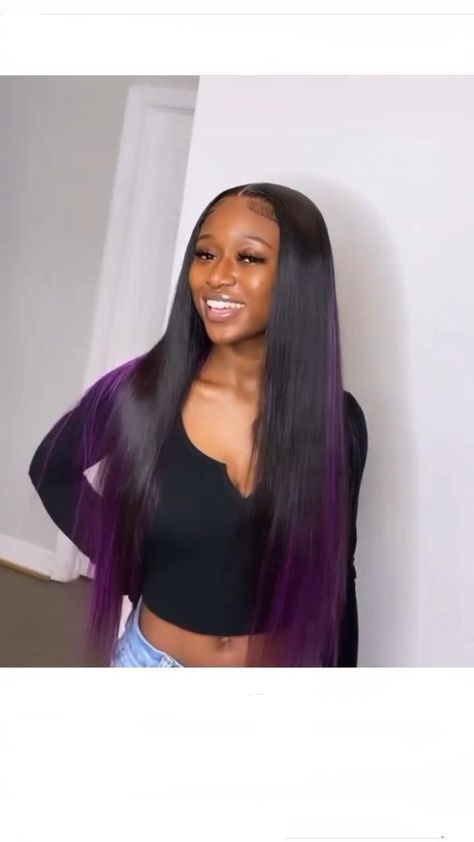 Black and purple frontal | closure | frontal | wig | sew in Purple Highlights Blonde Hair, Blonde Highlights On Dark Hair, Silk Press Natural Hair, Sew In Hairstyles, Purple Highlights, Cute Curly Hairstyles, Cute Braided Hairstyles, Dark Hair With Highlights, Pretty Hair Color