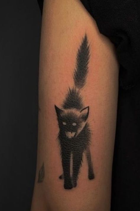 Cat Hissing Tattoo, Scared Cat Tattoo, Hissing Cat Tattoo, Creepy Cat Tattoo, Cat Scratch Tattoo, Scared Black Cat, Scratch Tattoo, Black Cat Tattoos, Creepy Cat