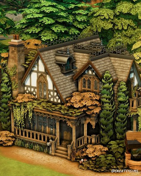 Gothic Witch Cottage || no CC #eapartner I built a dark gothic cottage for a witchy family! I hope you like it! Sims 4 Witch Cottage, Fantasy Homestead, Witch House Exterior, Sims 4 Gothic House, Dark Academia House Exterior, Minecraft Gothic House, Sims Cottage, Sims Exterior, Sims Layout