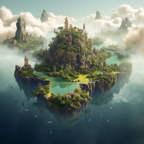 island floating in the sky Floating Fantasy Island, Floating Cities Fantasy Art, Floating Island Landscape, Sky Islands Fantasy Art, Fantasy Floating City, Fantasy Floating Islands, Floating Island Art, Floating Islands Fantasy Art, Fantasy Oasis