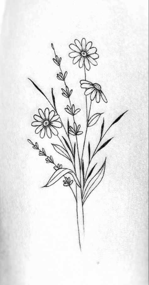 Simple Tattoos For Women Stencil, Floral Tattoos With Meaning, Flower Bouquet Tattoo Stencil, Flowers With Words Tattoo Stems, Flower Bouquet Sketch Simple, Wildflower Tattoo Stencil, Wildflower Bouquet Tattoo Simple, Let It Be Tattoo With Flower, Black Eyed Susan Tattoo Simple