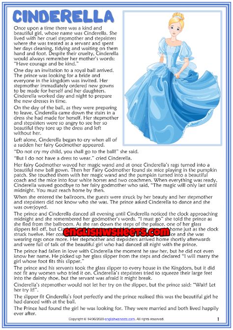 Cinderella ESL Reading Text Worksheet For Kids Cinderella Short Story, Picture With Text, Cinderella Story For Kids, Story Telling, Cinderella Story Book, Stories With Moral Lessons, Cinderella Story, English Moral Stories, Esl Reading Comprehension