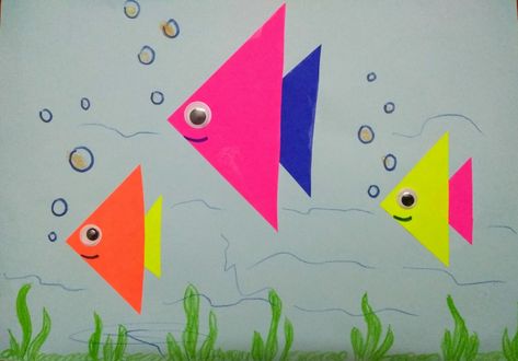 Craft For Triangle Shape, Crafts For Triangle Shape, Triangle Fish Craft Preschool, Easy Fish Crafts Preschool, Triangle Shape Crafts For Preschool, Drawing Activity For Kindergarten, Triangle Preschool Crafts, Triangle Activity For Preschool, Craft Fish For Kids