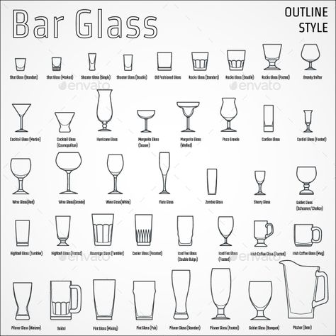 Vector Illustration of Outline silhouette Set of Bar Glasssfor Design, Website, Background, Banner. Restaurant Element Isolated Te Types Of Bar Glasses, Types Of Cocktail Glasses, Types Of Wine Glasses, Beer Glass Design, Alcohol Glasses, Cocktails Clipart, Types Of Cocktails, Dining Etiquette, Types Of Glasses