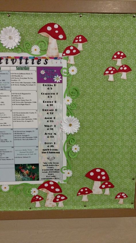 Woodland bulletin board. Gnomes, mushrooms, flowers, cricut cartridge Mushroom Bulletin Board Ideas, Fairy Forest Classroom Theme, Magical Forest Classroom Theme, Woodsy Classroom Decor, Enchanted Forest Classroom Theme Bulletin Boards, Mushroom Classroom Decor, Mushroom Classroom Decoration, Mushroom Bulletin Board, Mushroom Classroom Theme