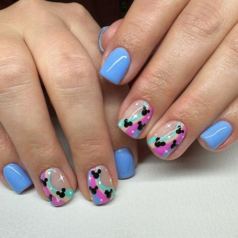 Mallory Young | You’re never too old to be young✨💕 These Disney cruise nails are so adorable! Her daughter had to match as well! @beauty_with_lo did her… | Instagram Disney Aulani Nails, Purple Mickey Nails, Disney Nail Designs Short Nails, Tokyo Disney Nails, Florida Inspired Nails, Disney Nails Cruise, Summer Mickey Nails, Disney Sns Nails, Disney Hawaii Aulani Nails