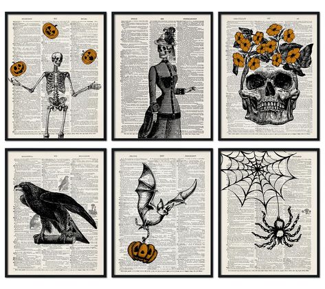 PRICES MAY VARY. Set of 6 - There are totally 6pcs wall art prints in skeleton theme design, each have different patterns, and measures 8 x 10inch, suitable for wall decoration or photo frames.(The wall art prints are UNFRAMED.) Vintage Design - Our wall art prints take Halloween and skeleton as the theme, printed with related patterns, the vintage skeleton and bat patterns are abstract and aesthetic, pumpkins and flower are quite fit the festive atmosphere. Waterproof & Durable - Our wall art p Vintage Halloween Prints, Skeleton Wall Art, Gallery Living Room, Gothic Wall Decor, Bat Art, Halloween Mantel, Gothic Wall Art, Halloween Wall Decor, Halloween Artwork