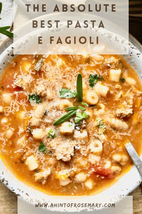 Full of flavor and texture. Contains browned tender bits of pork along with a generous hint of rosemary. Delicious. A Hint of Rosemary #pastafagioli #pastasoup #soupwithpasta #italiansoup #soups #beans #pork #pasta #ahintofrosemary Pasta Fagoli Recipes, Pasta Fazool Recipe Italian, Pasta Fagioli Authentic, White Pasta Fagioli, Authentic Pasta Fagioli, Rosemary Pasta, Pasta Fagoli, Pasta Fagioli Soup Recipe, Soup With Pasta