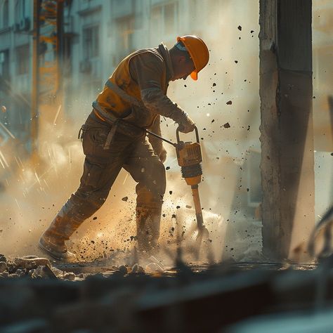 Construction Work Intensity: A construction worker in a reflective orange vest operates a jackhammer amidst a cloud of dust. #construction #worker #jackhammer #dust #debris #aiart #aiphoto #stockcake ⬇️ Download and 📝 Prompt 👉 https://ayr.app/l/dcnj Construction Worker Aesthetic, Worker Aesthetic, Construction Work, Story Board, Construction Worker, Year 2, Go Camping, Creative Words, Free Photos