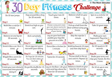 30-day Kids Fitness Challenge - Active kids - The Mum Educates Kids Summer Fitness Challenge, Prek Physical Education Activities, Kid Exercise Activities, Family Fitness Challenge Ideas, Kids Fitness Workouts, Family Fitness Night At School, Kids Workouts At Home, Summer Physical Activities For Kids, Fun Workouts For Kids