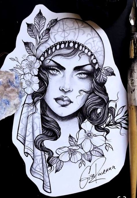 Romani Drawing, Romani Tattoo Design, Romani Women Tattoo, Romani Head Tattoo, Romani Girl Tattoo, Romani Lady Tattoo, Neotraditional Lady Face, Romani Woman Tattoo, Romani Tattoos