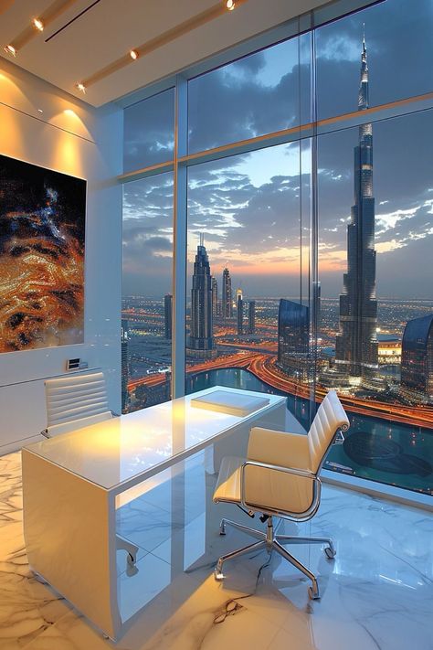 Office In Dubai, Dubai Office View, Ceo Office Design Luxury Modern, Ceo Office Design Luxury, Skyscraper Office, Dubai Work, Ceo Office Design, Modern Study Rooms, Industrial Chic Kitchen