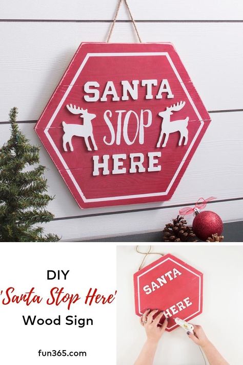 Invite Santa to your house this Christmas in the cutest way with this Santa Stop Here DIY sign. Santa Stop Here Sign Diy, Santa Stop Here Sign, Welcome Signs Front Door, Christmas Crafts To Sell, Diy Santa, Party Planning Ideas, New Year Designs, Diy Wood Signs, Christmas Signs Wood